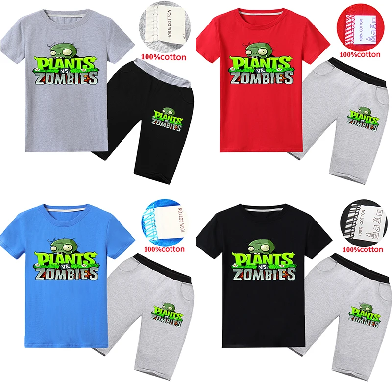 

Game Plants VS Zombies 3D T-shirt Preschool Cartoon T-shirt Set Boys and Girls Anime Summer Children PVZ Set Birthday Gifts
