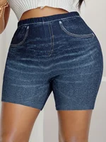 Plus Size High Waisted Bike Shorts Women's Faux Denim Printed Stretch Leggings Comfortable Casual Fashion - Image 2