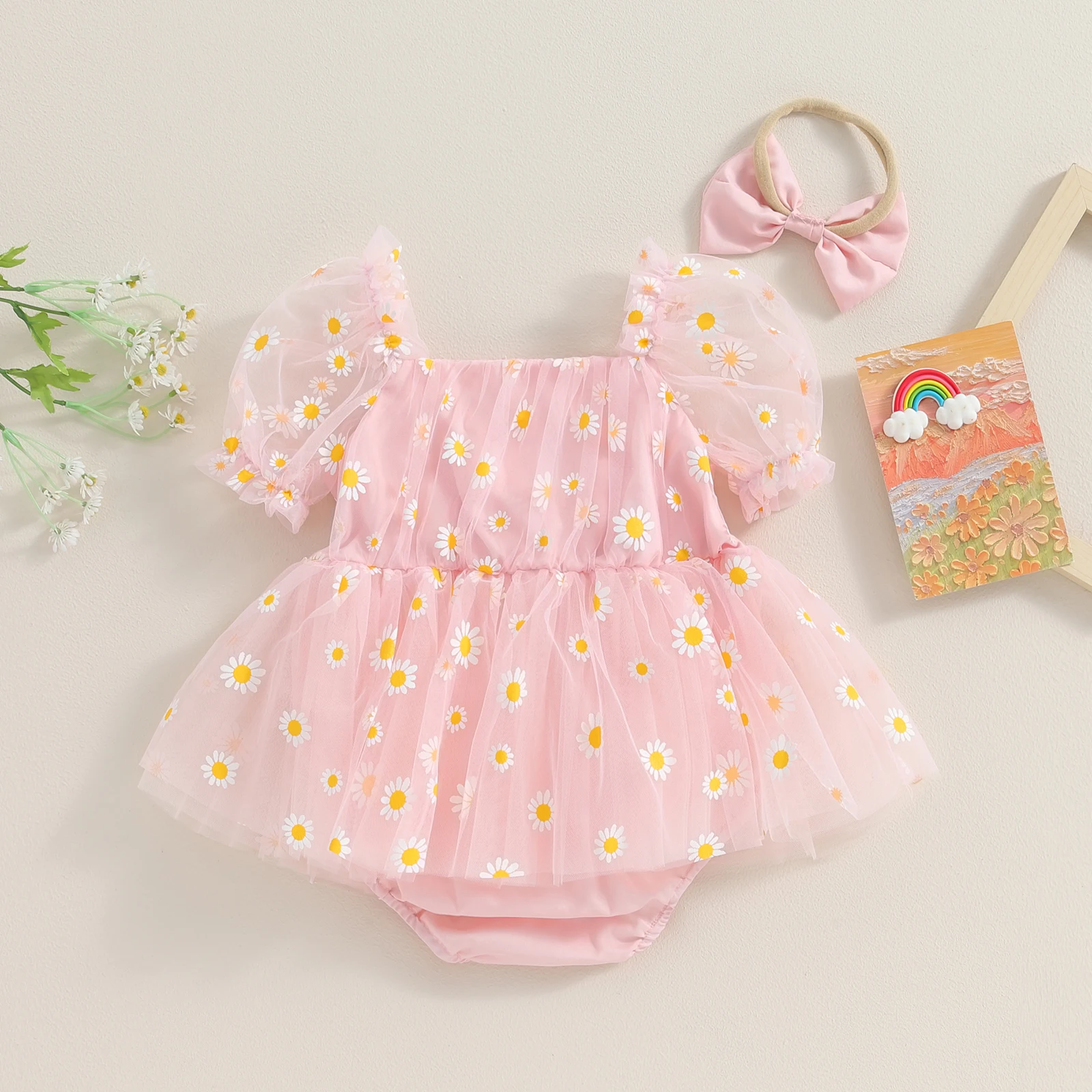 Pudcoco 소녀 2Pcs 여름 복장 짧은 퍼프 슬리브 데이지 인쇄 Romper Tulle DressHeadband Set 0-18M