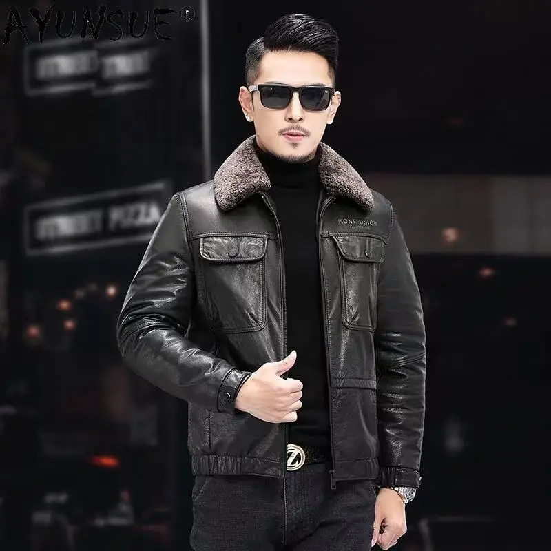 

AYUNSUE Real Cow Leather Down Jacket Men Winter Lamb Fur Collar Down Jackets Oil Wax Cowhide Thickened Down Coats Leather Coat