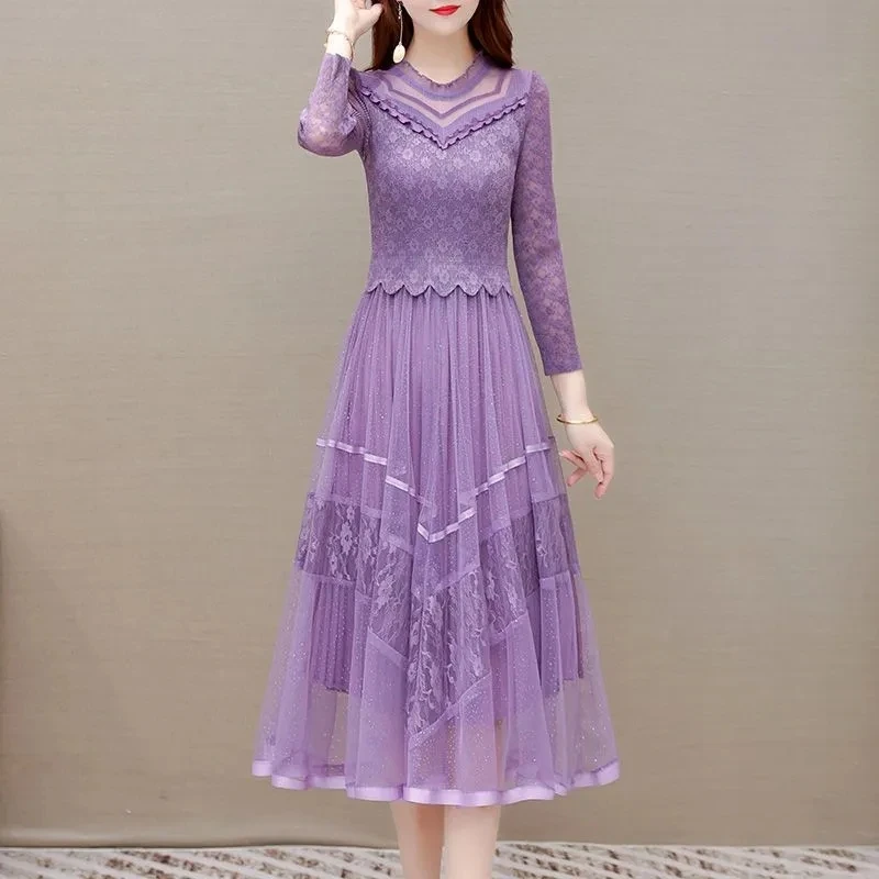 

Женское свободное плиссированное платье средней длины, Сетчатое Кружевное облегающее платье с имитацией двух частей, с прострочкой на талии, весна 2024