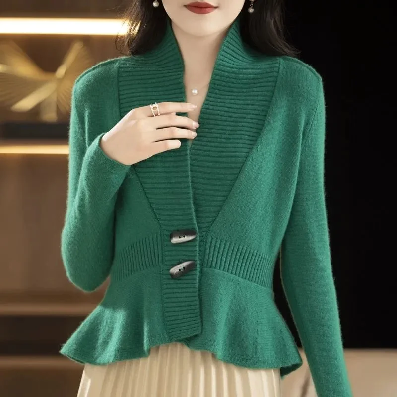 Elegant Purple Spring and Autumn Sweaters Cardigan Fashionable Women's 2026 New Winter V-Neck Knitted Coat Blue Green Jacket Top