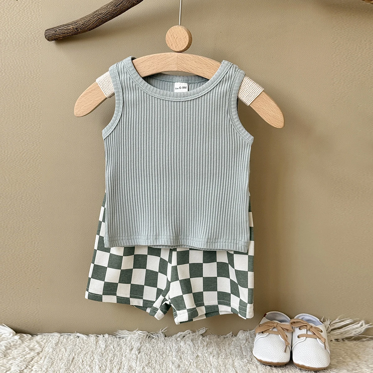 여름 새  민소매 옷 세트  소년 소녀 조끼 + 줄무늬 반바지 2pcs 정장  통기성 의상 0-3Y