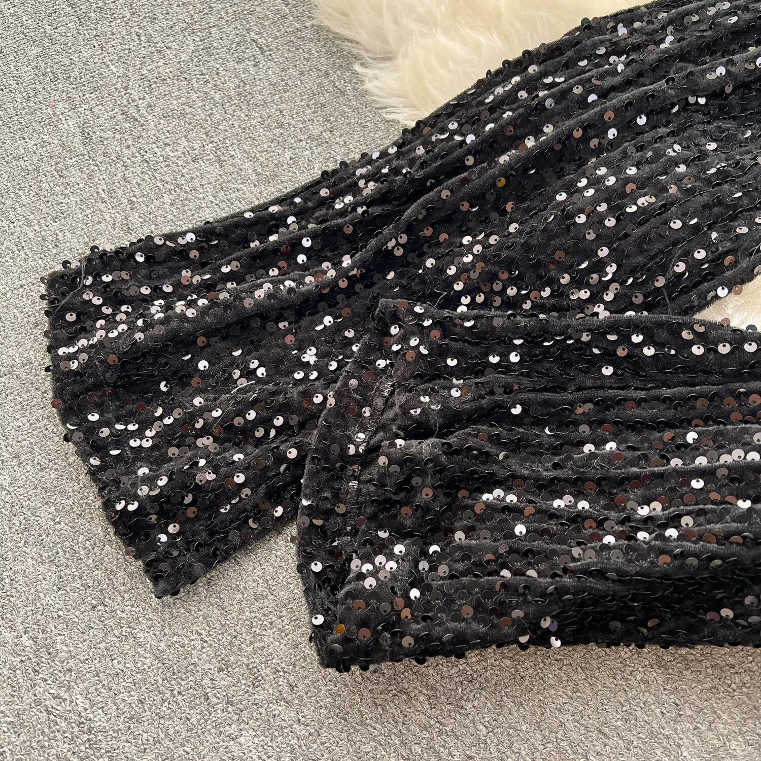 Elegant Sequined Jumpsuits Women Fashion Autumn Transparent Strap Faux Fur Hem Off Shoulder High Waist Wide Leg Velvet Rompers