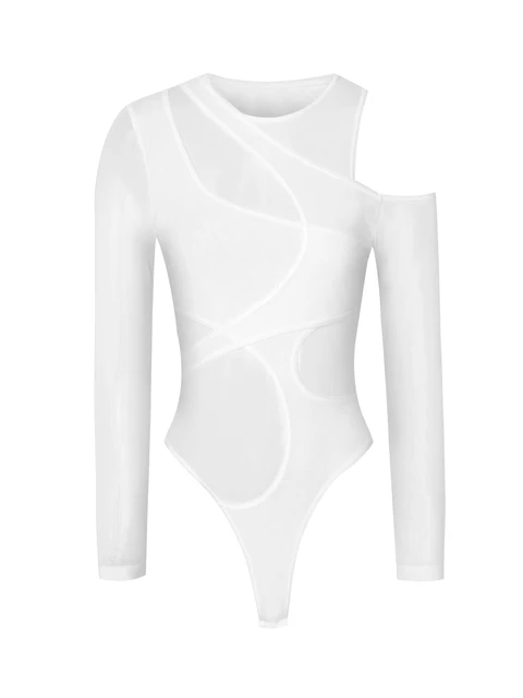 Women's solid color mesh perspective tight fitting jumpsuit sexy long sleeved jumpsuit