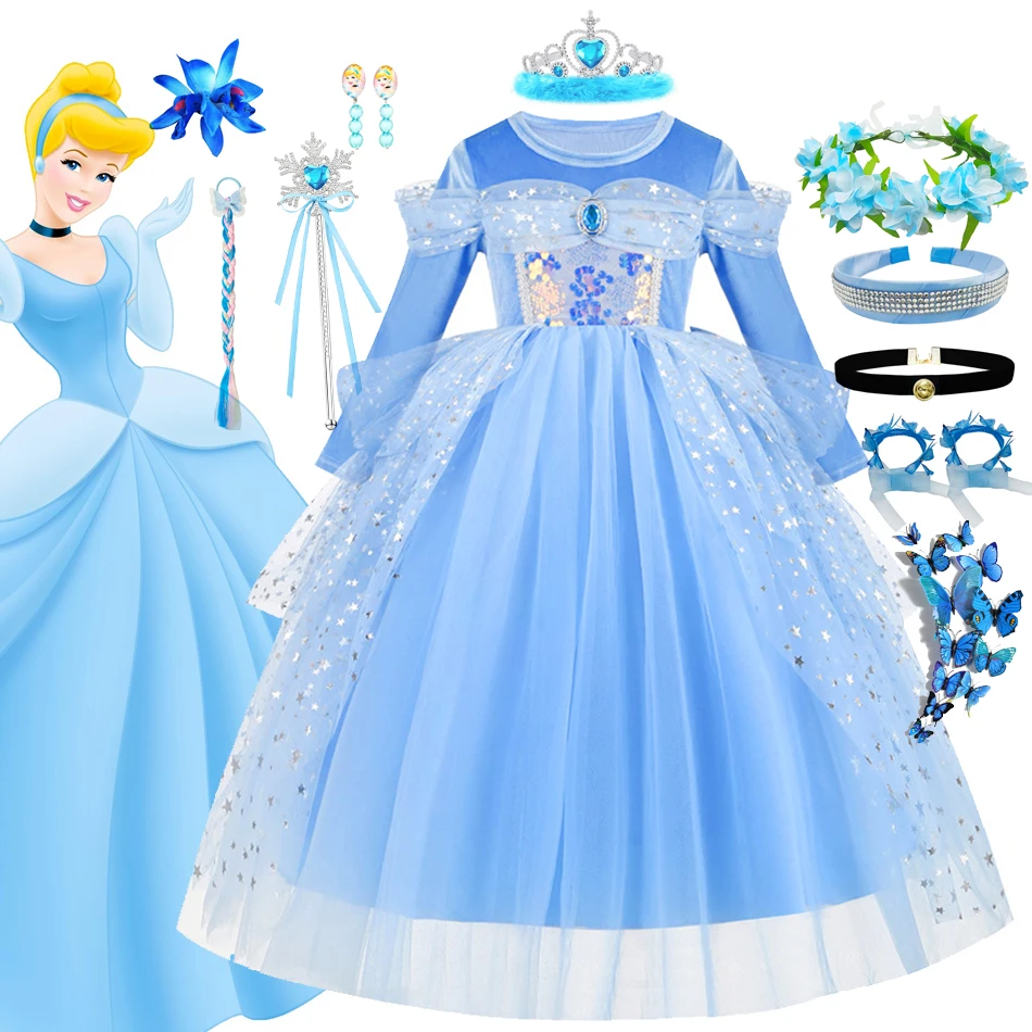 

Girl Cinderella Cosplay Costume Long Sleeve Blue Sequin Princess Dress Children Bithday Surprise Presents Kids Luxury Ball Gown