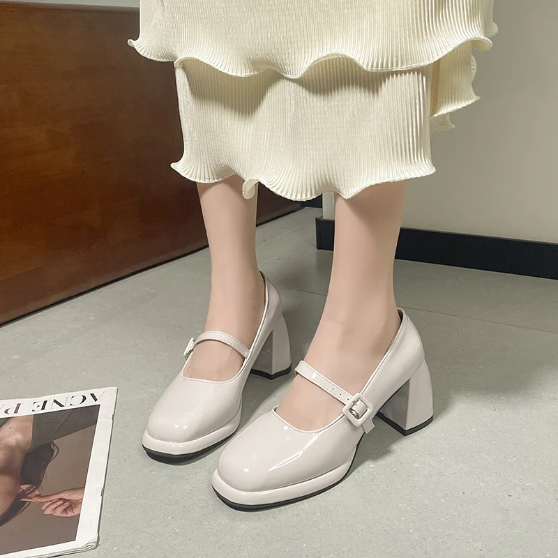 Ladies Shoes Buckle Strap Platform Women's Pumps Shallow Square Heel Square Toe High Heel Pump Women Solid mary jane shoes