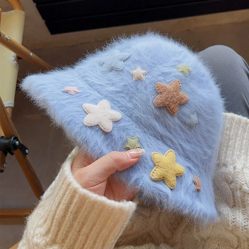 

Winter Cute Colorful Stars Plush Bucket Hat For Women Girls Wholesale New Warm Faux Fur Wide Brim Foldable Dome Fisherman Hats