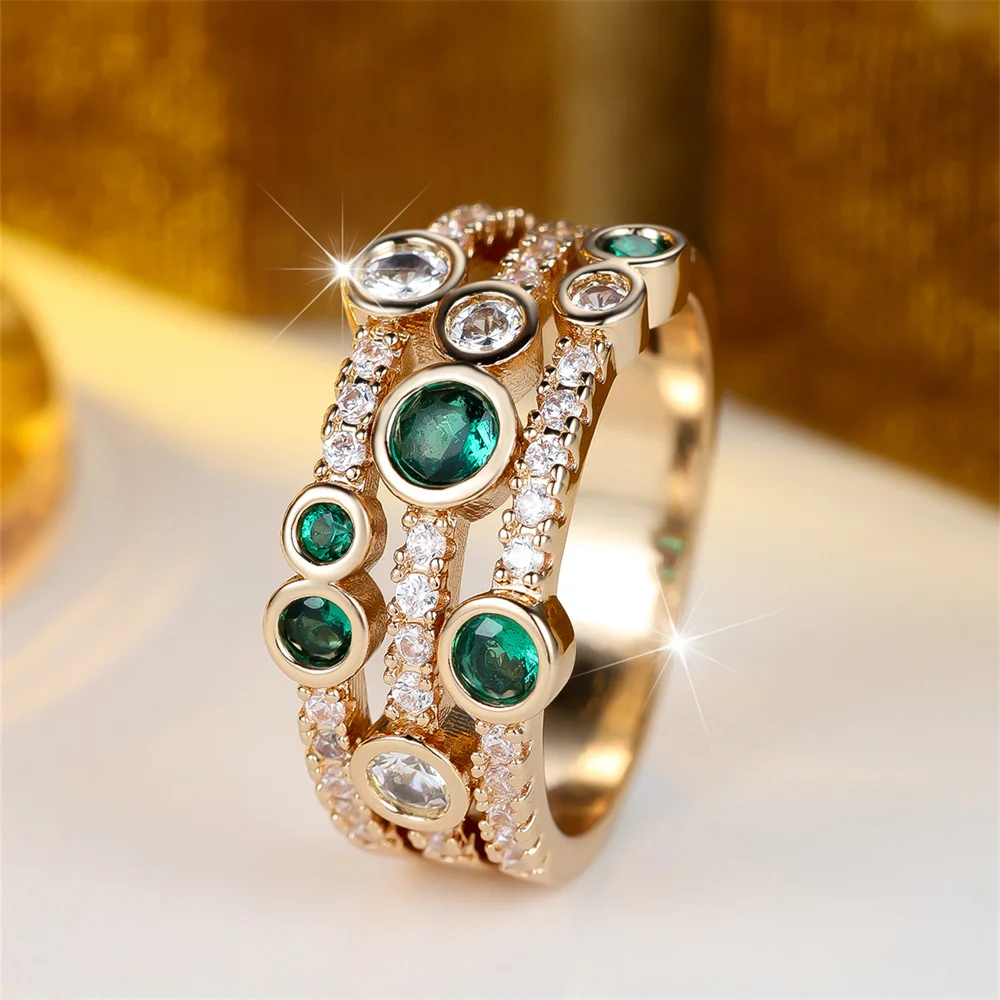 Green Zircon Round Stone Three Layers Rings For Women Vintage Gold Color Engagement Ring Wedding Jewelry Bridal Versatile Gifts