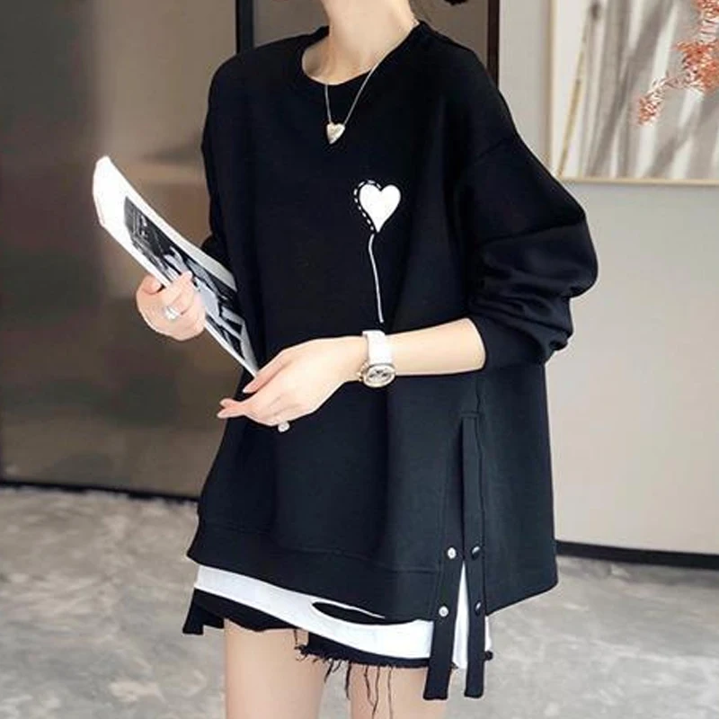 Spring Autumn Round Neck Long Sleeve Sweatshirts Women Solid Color Printing Split Button Pullovers Ladies Loose All-match Tops