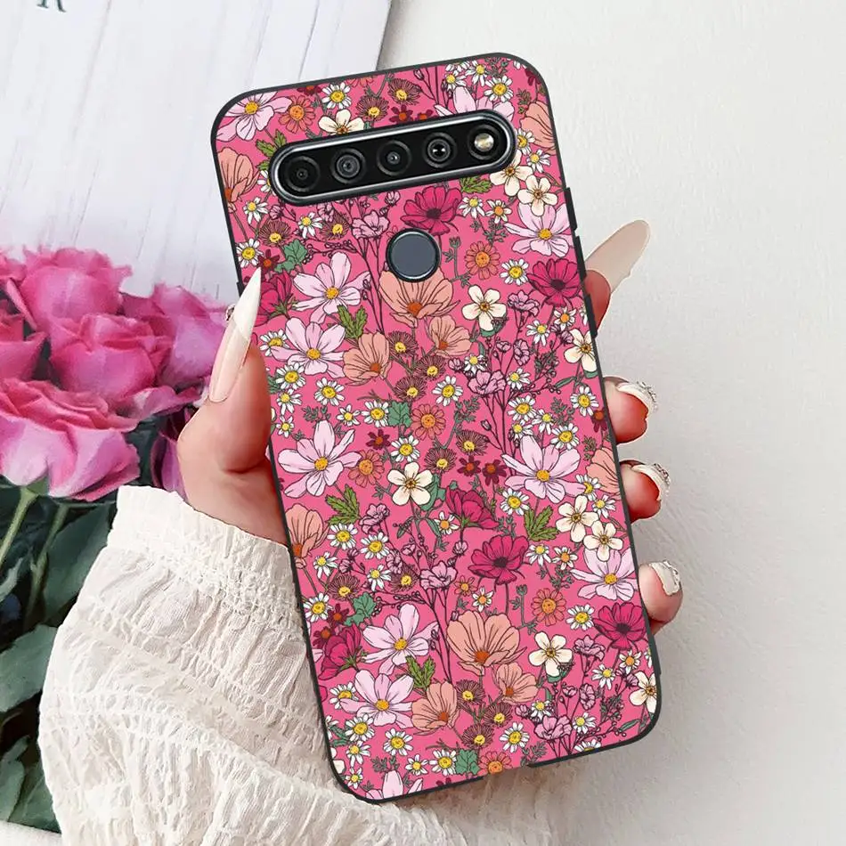 Elegant Floral Cat Printed Black Silicone Phone Case