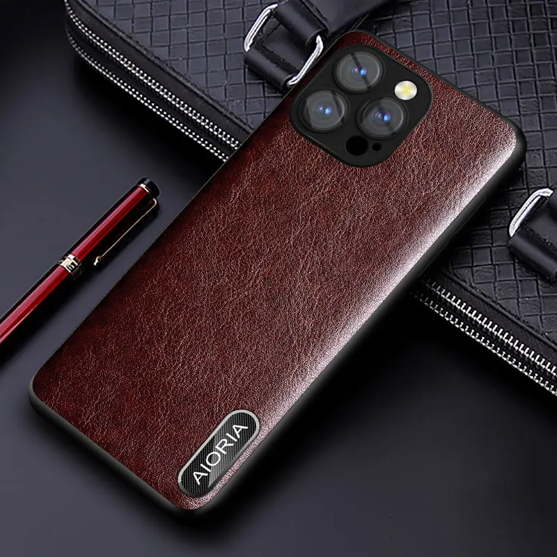 Luxury Leather Case with Metal Logo and Enhanced Camera Protection