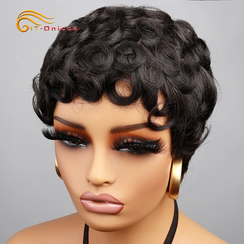 Pixie Cut Wigs Human Hair Wigs Short Curly Pixie Cut For Black Women Full Machine Made Wig Curly Black 1B Color