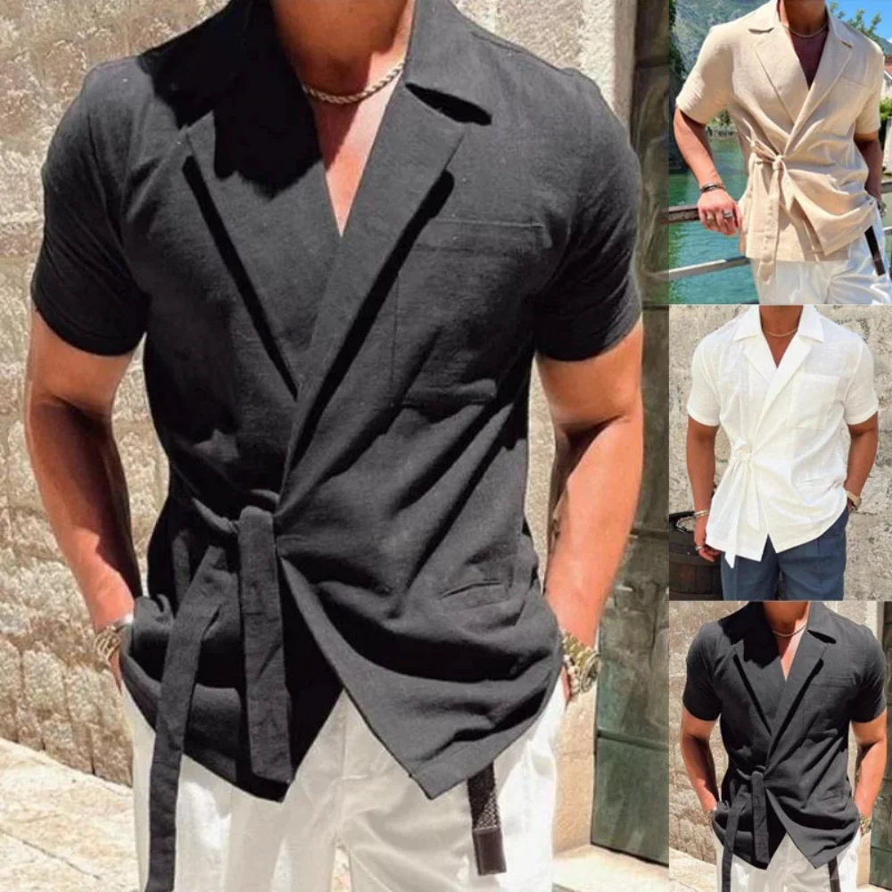 

2023 Summer Men's Shirts Solid Color Linen Suit Lapels Lace Up Short Sleeve Shirt Solid Color Male Tops