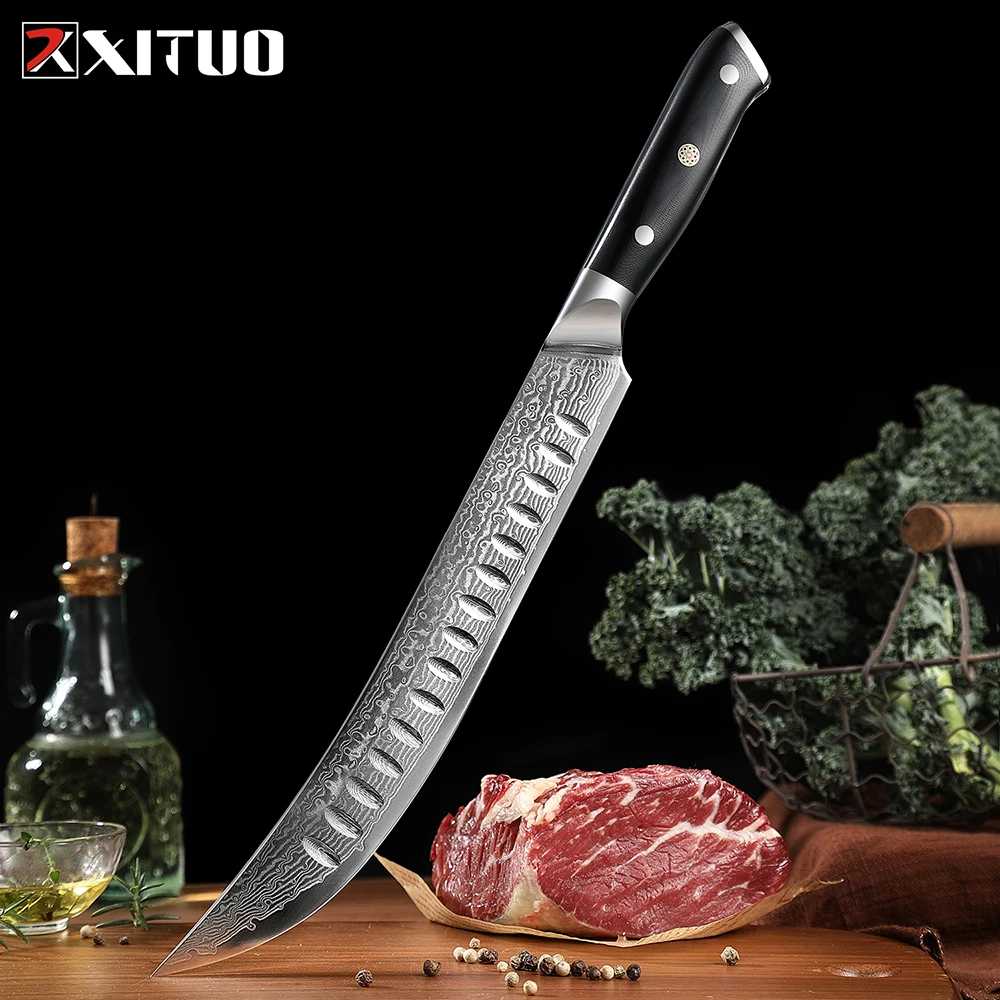 XITUO 10" Butcher Breaking Knife Damascus Steel Carving Knife Sharp