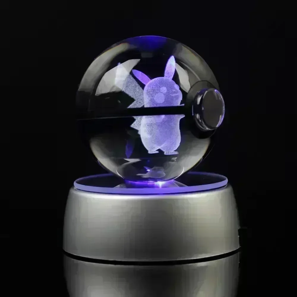 Pokemon Crystal Ball 3D Toys Snorlax Mewtwo Pikachu Figures Pokémon Engraving Model with LED Light Base Kids Gift Collectable images - 6