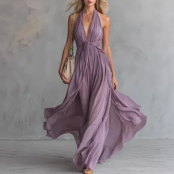2026 New Women's Sexy Solid Color V-Neck Sleeveless Fitted Dress 1