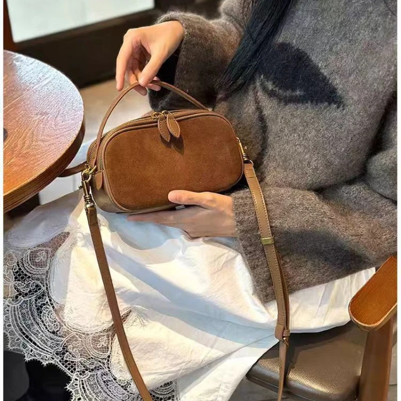 Women's Genuine Suede Cowhide Leather Shoulder Bag Soft Cow Versatile Ladies Crossbody Bag Trendy Luxury Female Designer
