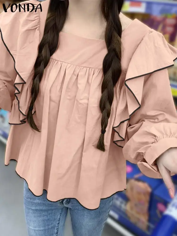 

VONDA Women Blouses Ruffled Long Sleeve Autumn Shirts 2023 Fashion Elegant Square Collar Casual Loose Blusas Oversized Tops