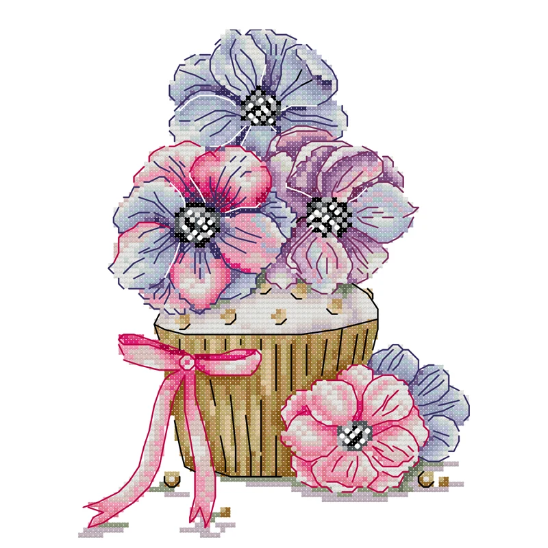 Joy Sunday Cross Stitch Kit Pansy and Cake 11CT 14CT Floral Printed Fabric Cross Stitch Kits Embroidery Kit Needlework