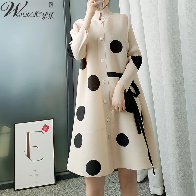 

Pleated Dot Windbreaker Women Summer Autumn Bow Single-Breasted Cardigan Loose Mid-length Coat Fashion Stand Collar Trench Coat