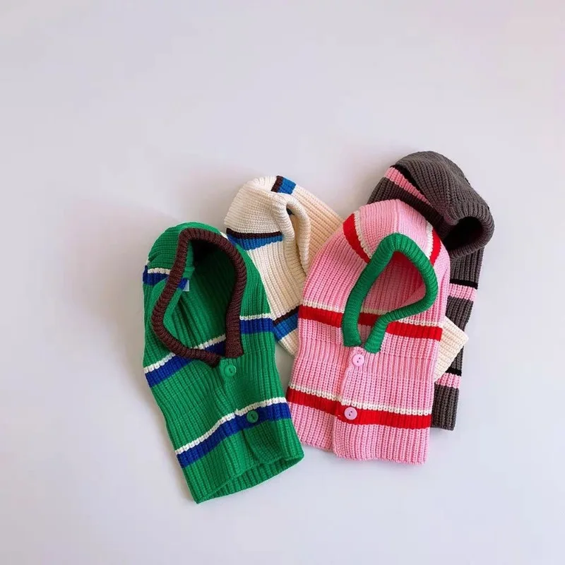 Winter Children's Knitted Hats Kids Striped Warm One-piece Scarf Wool Hat Kids Warm Ear Protection Hat Baby Winter Caps