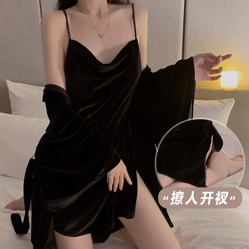 

Sexy Velour Two Pieces Robe Set Women Gold Velour Kimono Bathrobe Gown Soft Sleepwear Sleep Suit Autumn Home Clothes