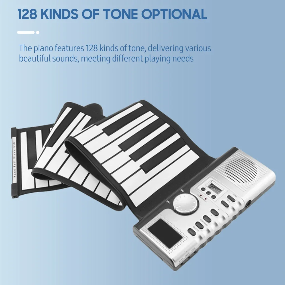 Customizable 61 Keys Roll Up Piano Keyboard Portable Soft Silicone Electronic Piano with Built-in Speaker LCD Display Recording