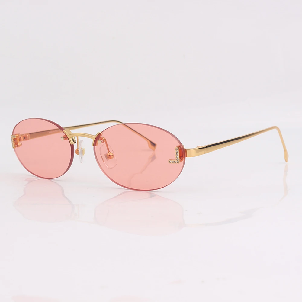 Gold Oval Rimless Sunglasses For Men And Women Uv Protective_voghion.com