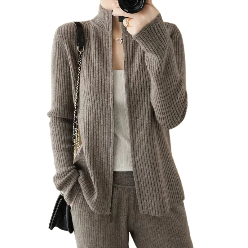 New Autumn Winter Wool Suit Women's Stand Collar Pure Wool Knit Two-Piece Zipper Cardigan Wide Leg Pants Solid Color Loose