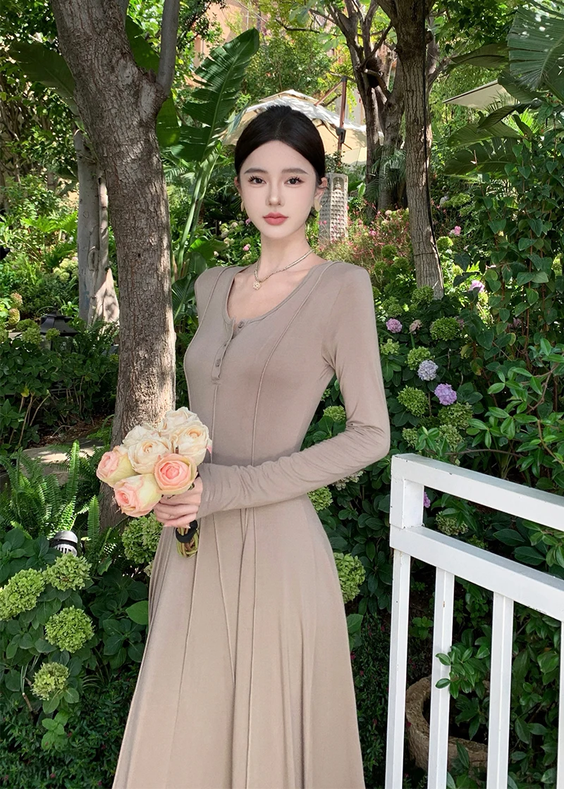 Casual Knitted Dresses for Women Long Sleeves Square Collar A-line Autumn Maxi Dress Korean Fashion Solid Vestidos Mujer New