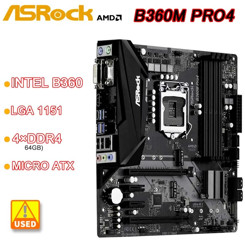 

ASROCK B360M Pro4 LGA 1151 Motherboard Intel B360 4×DDR4 64GB M.2 PCI-E 3.0 USB3.1 HDMI Micro ATX For 8th Gen Core i7/i5/i3 cpu