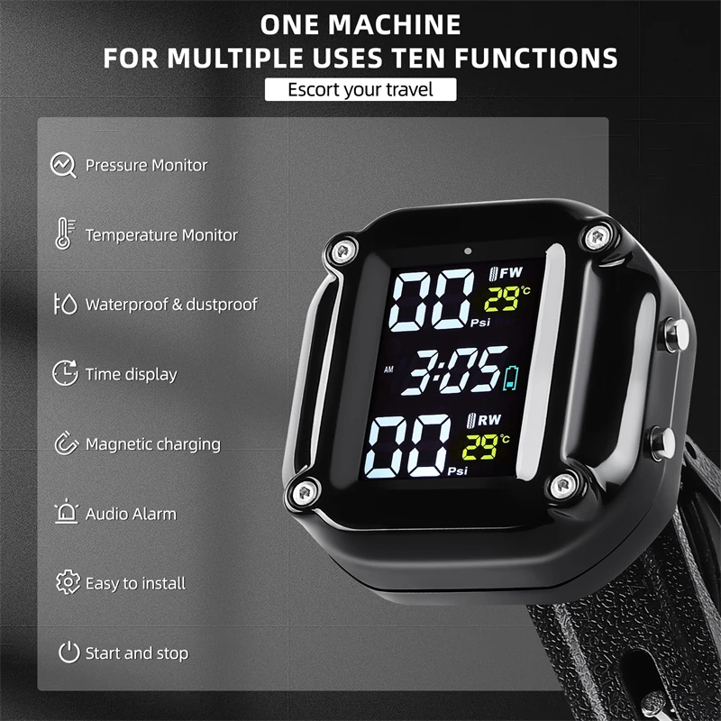 Motorcycle Wireless TPMS Temperature Tire Pressure Display Motorcycle Tire Pressure Monitor System Real Time Alerts with 2 Exter