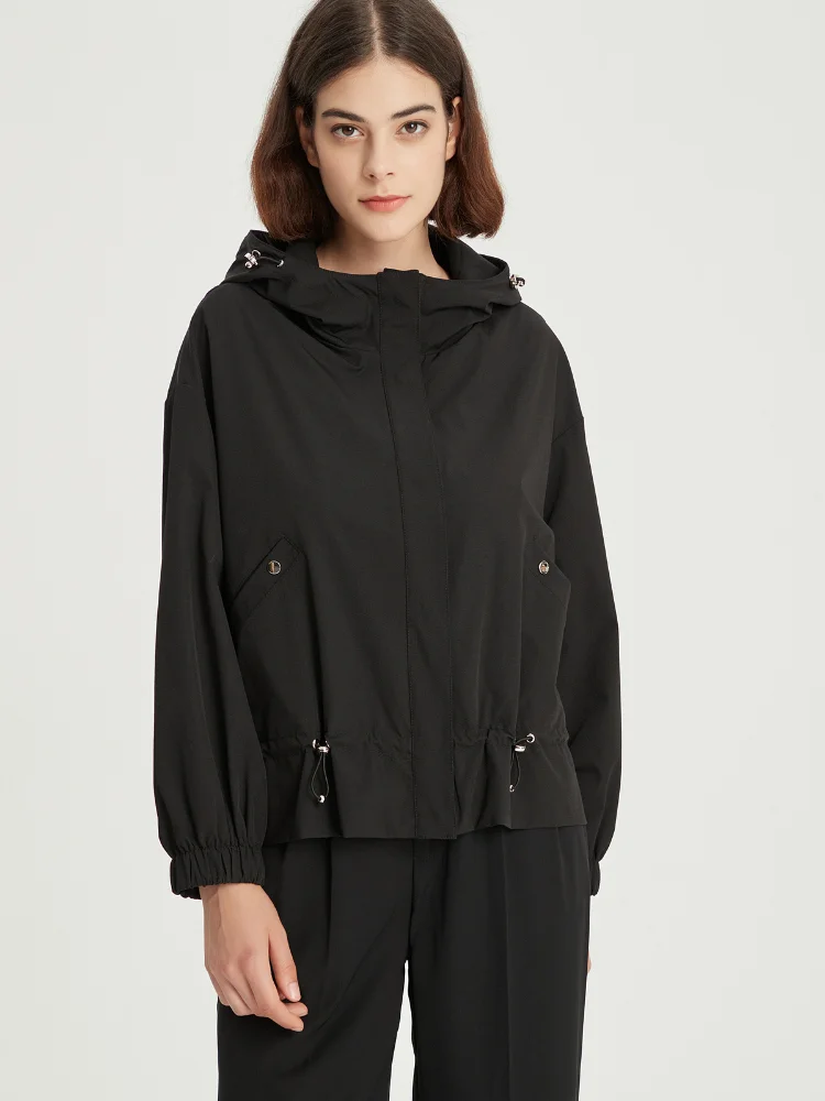 Демисезонная уличная куртка Cathiewood, женское повседневное свободное черное пальто с капюшоном и завязками на молнии для дам, 2022