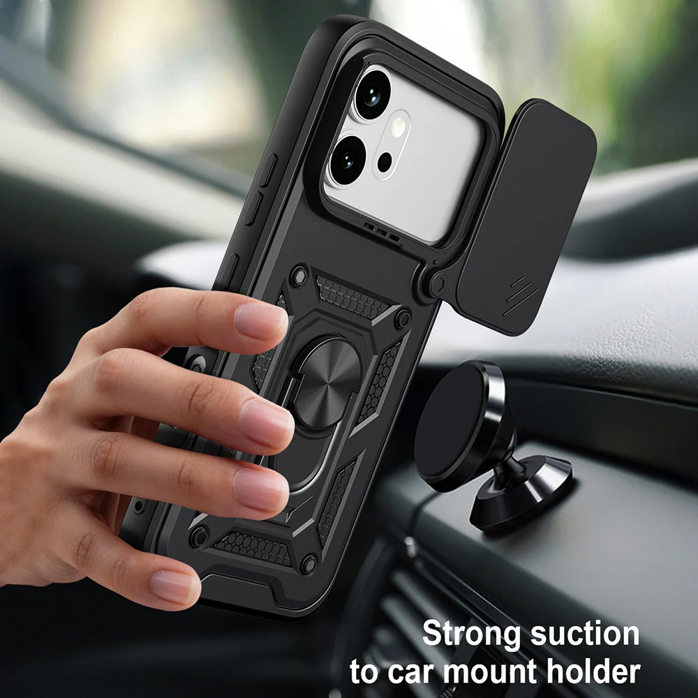Shockproof Slide Camera Cover with Ring Stand Holder - Protective Phone Case