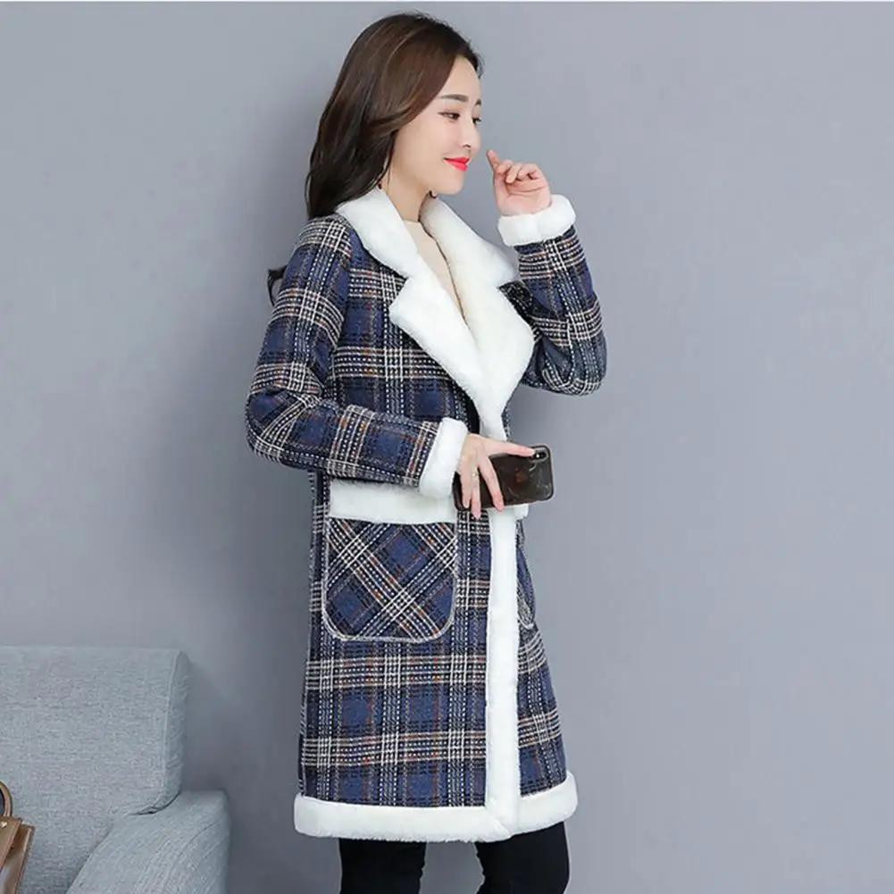 Elegant Long-sleeved Coat Plaid Print Mid Length Women's Winter Coat with Turn-down Collar Pockets Thick Warm Soft for Fall
