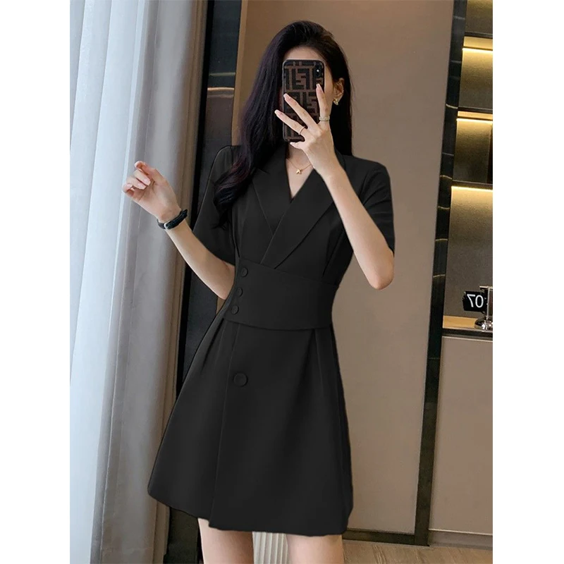 Summer New Office Lady Elegant Fashion Waist Dress Femme Short Sleeve Temperament Solid Robe Vestidos De Fiesta Women\'s Clothing