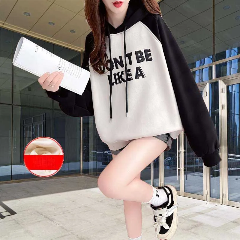 Fashion Spliced Printed Letter Hoodies Sweatshirts Female Clothing 2023 Winter Loose All-match Tops Casual Warm Sweatshirts