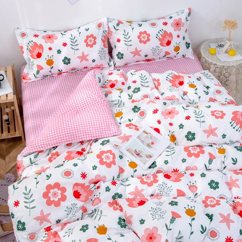 

Princess Pink Flower Duvet Cover Bed Flat Sheet Pillowcase Twin Full Queen Size Four Pieces Floral Bedding Set for Kids Girls