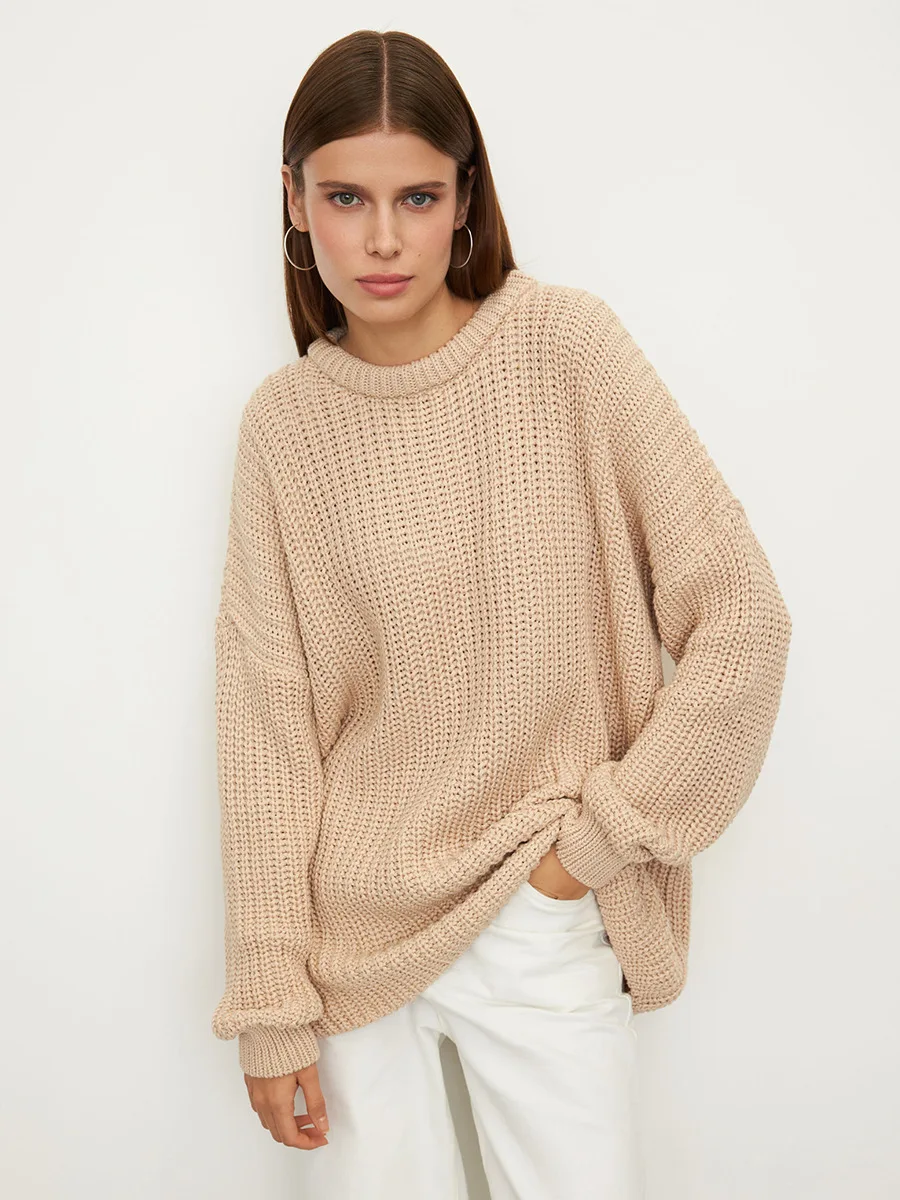 Bornladies Autumn Winter New Women's Oversized Crew Neck Lantern Sleeve Waffle Knit Pullover Casual Loose Sweater