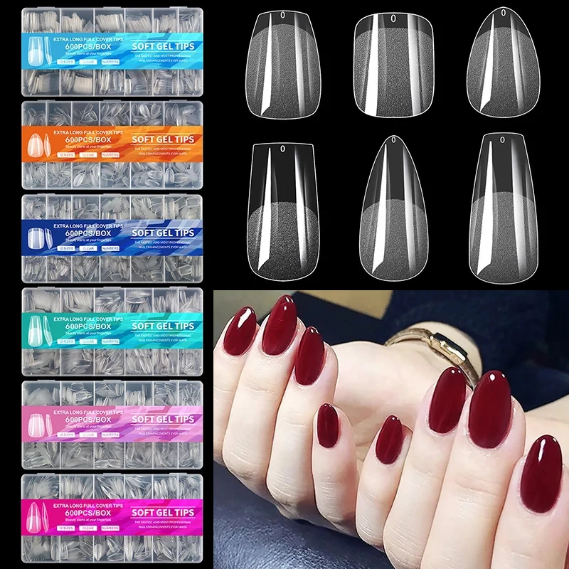 

600pcs Extra Long Full Cover Tips Acrylic Nail Kits Semi-frosted Clear False Nails Professional Oval Almond Sculpted Fake Nails