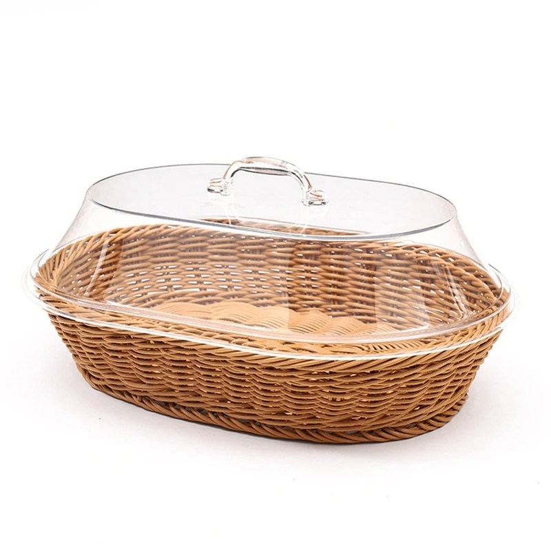 2 Cestini Portapane Mumufy In Finto Rattan Con Coperchio Acrilico – 35x25 Cm, Vintage, Per Frutta, Pane, Verdura, Ristorante