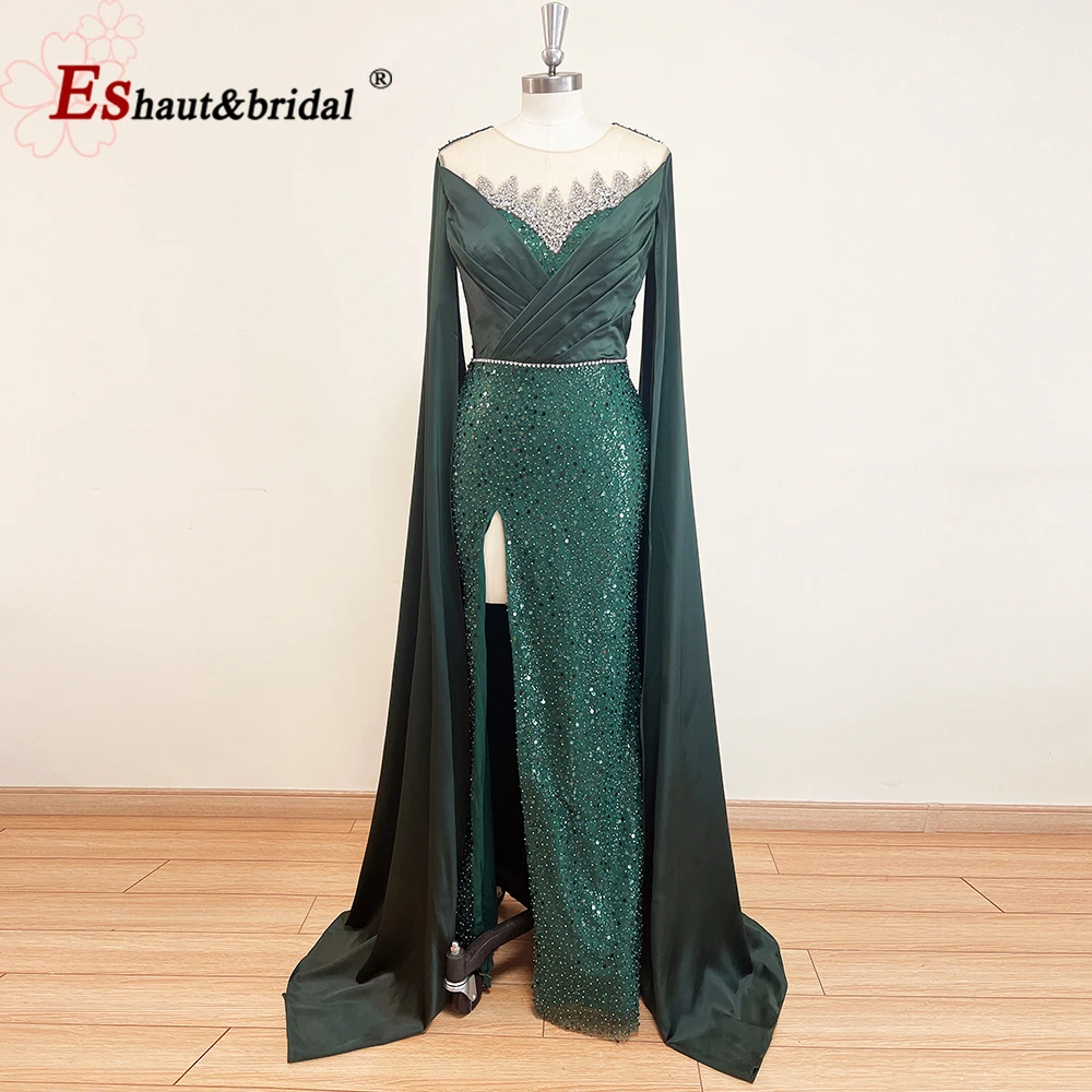 Elegant Emerald Green Bead Evening Dress with Cape Sleeves 2022 O Neck Mermaid Sequin Long