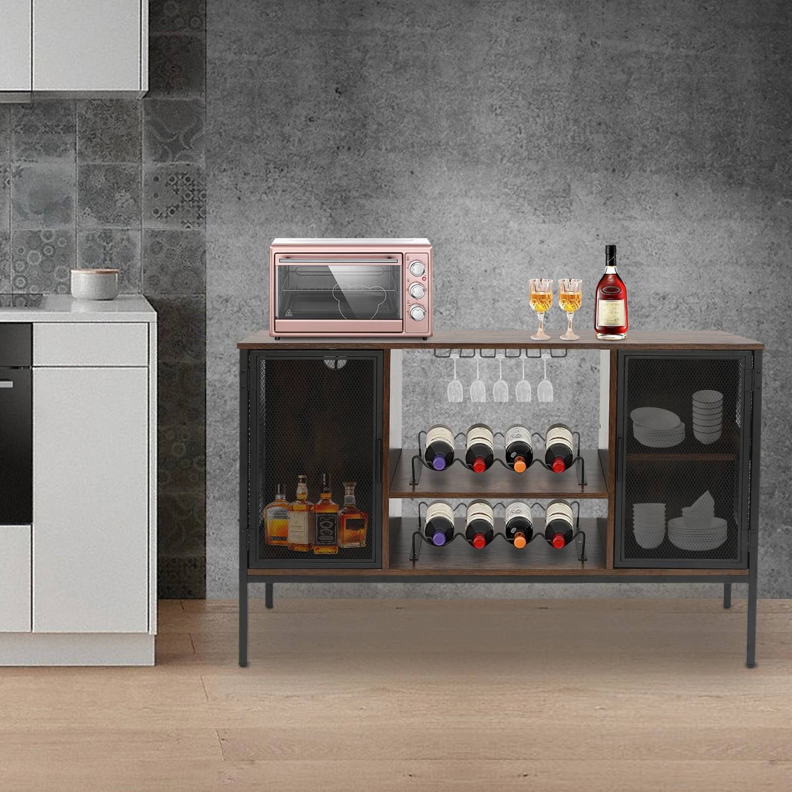 120*34*76.5cm Wine Bar Cabinet Coffee Bar Cabinet Coffee Station Sideboard Wine Rack with Glass Holder for Living Room Kitchen