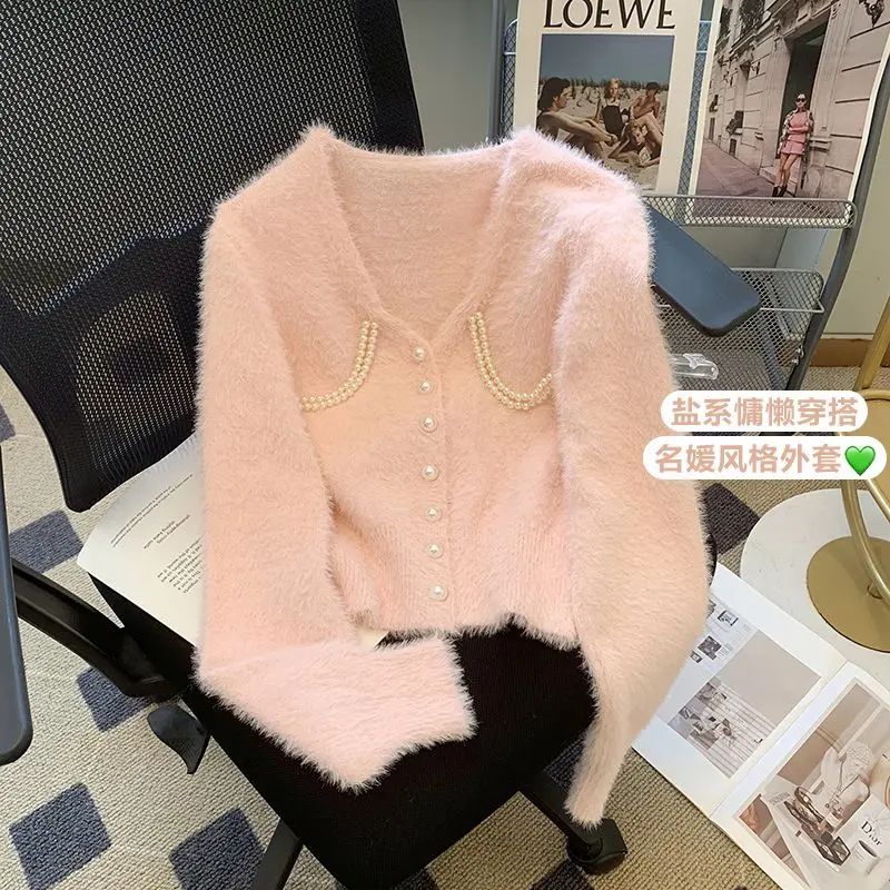 

V-Neck Cropped White Mohair Knitted Cardigan Retro Casual Lazy Oversized Sueters Sweaters for Women Solid Fur Clothes Jacket