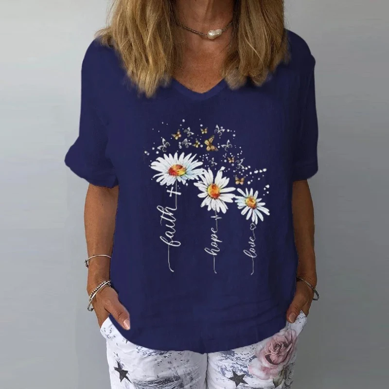 

Summer Casual Floral Print Linen Cotton Blouse Women Elegant V Neck Short Sleeve Shirt Tops Solid Color Printing 2021