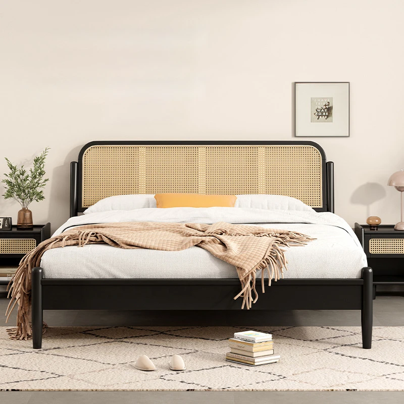 Startpunt onregelmatig vergiftigen Rattan Solid Wood Bed Modern Minimalist Master Bedroom 1.8m Double Bed  Black Japanese Retro Wabi-sabi Style B&b Bed - Beds - AliExpress