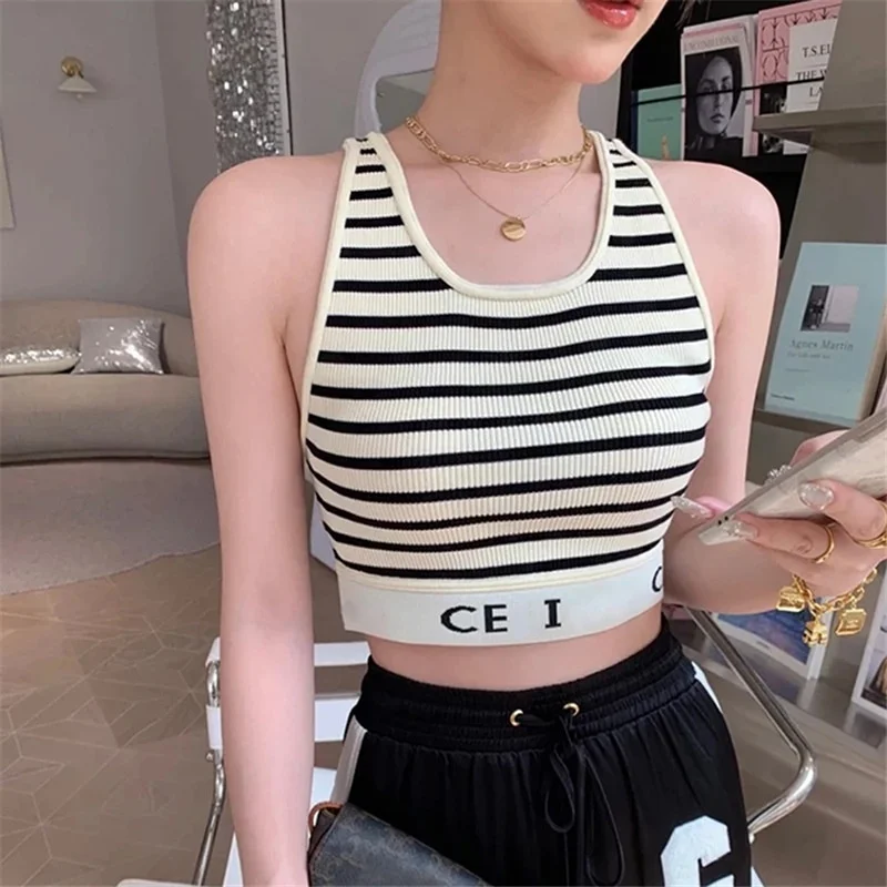 

Women Top New Simple Stripe U-shaped Knitted Stripe Crop Black Tank Top Short Top Women Summer Clothes Y2k Fashion Vest Autumn