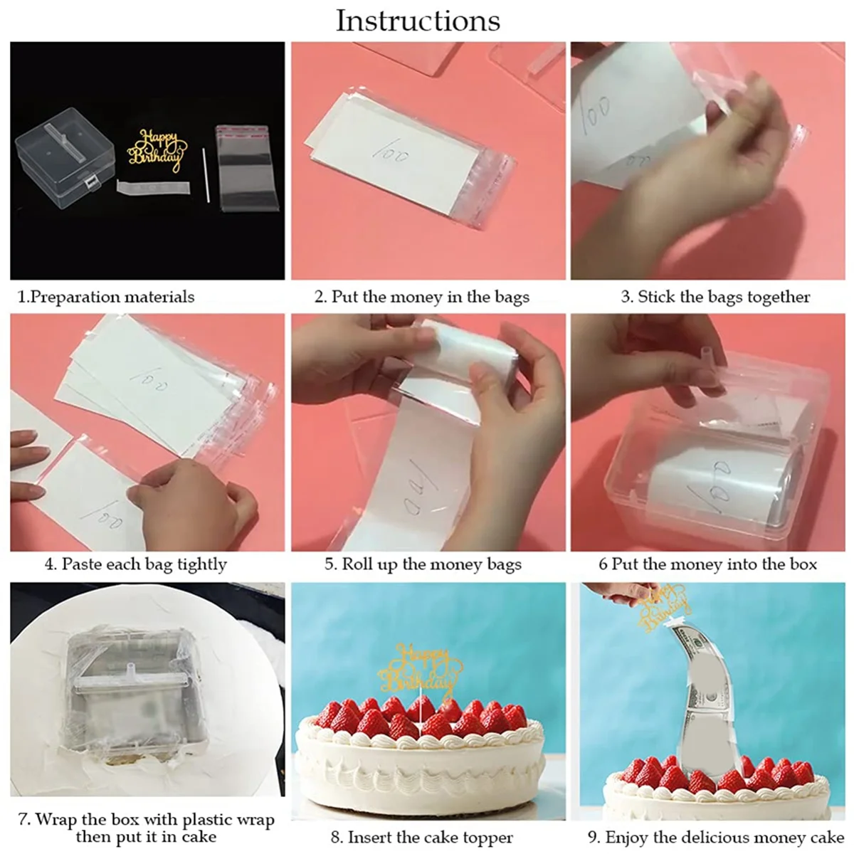 Baking Supplies Cake Money Box Set Money Pulling Cake Making Mold Cake ATM Box with Gold Glitter Happy Birthday Topper