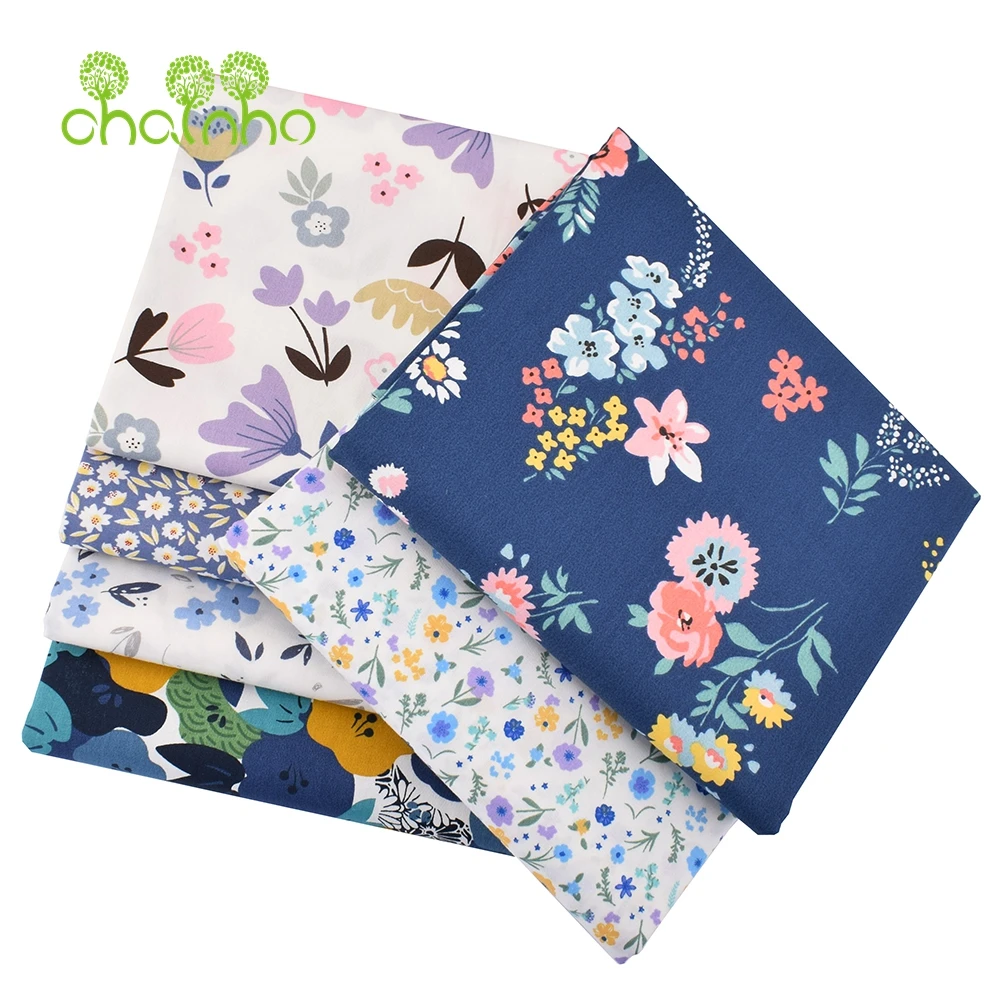 Chainho,Printed Twill Weave Cotton Fabric,DIY Sewing Quilting Material,Patchwork Cloth,Blue Floral Series,2 Specification,15C196